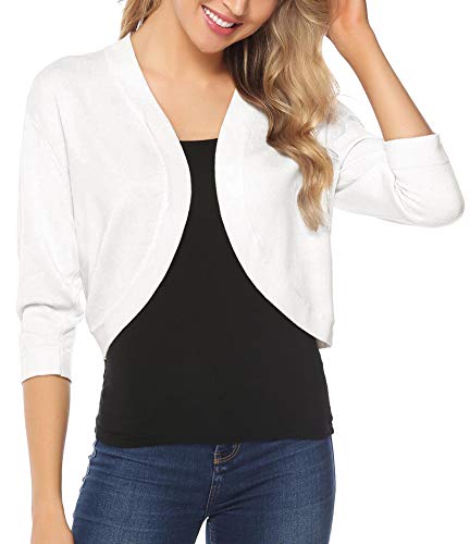 iClosam Women Open Front Cardigan 3/4 Sleeve Cropped Bolero Shrug Cardigan White
