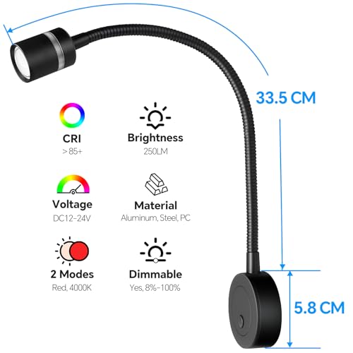 acegoo Leselampe 12V Wohnmobil LED Lampe, Dimmbar 4000K &Rotlicht Eingebautes Typ-C Ladegerät, Flexible Schwanenhals für Boot Wohnwagen Camper Yacht Innenbeleuchtung (1 Stk.)