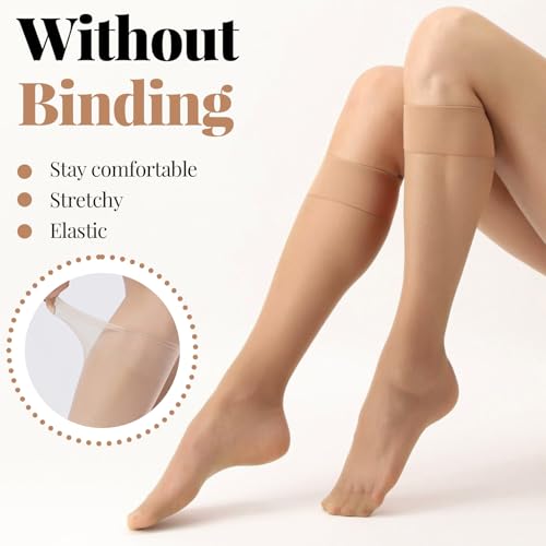 Image of 9 Pairs Knee High Stockings for Women, Light Skin Color Knee High Nylons for Women, Nude Pantyhose Reinforced Toe High Tights Sheer Nylon Stockings One Size