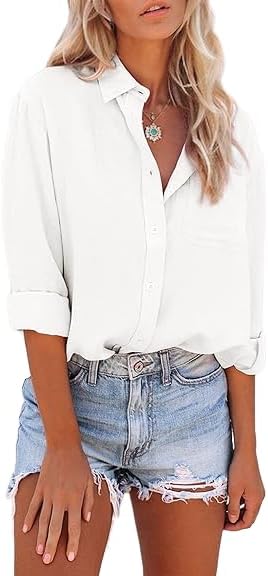 Womens Button Down Shirts Long Sleeve Dress Linen Shirts Casual Collared Cotton Button Up Blouses Oversized Tops with Pockets - Image 4