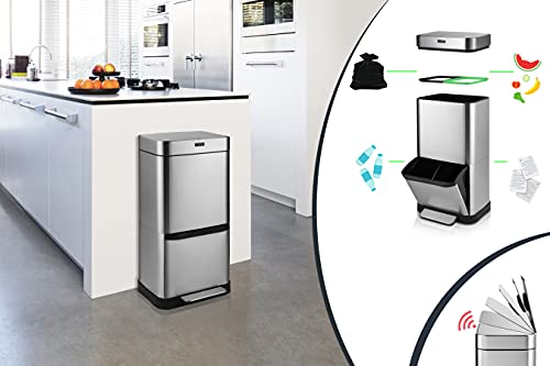 UMUZI CLEANING 70 l Silberner Mülleimer mit Sensor, Luftdichtes Mülltrennsystem mit Fächern für Bio, Plastik & Papier, Automatischer Abfalleimer aus Edelstahl - Image 3