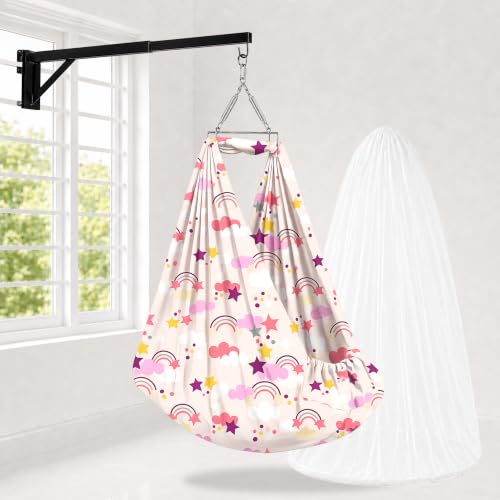 Image of Happykid Baby Cradle Set | Durable Cotton Cloth, Mosquito Net, Spring, Triangle and Window Hanger (Purple, Without Bed)