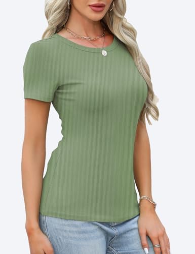 GKBK Crew Neck Short Sleeve Tops for Women Ribbed Fitted Tight Shirts Layering Top Basic Tee Tshirts Cute Summer Tops Casual Spring Clothes Outfits 2026 Trendy Light Green — view 2