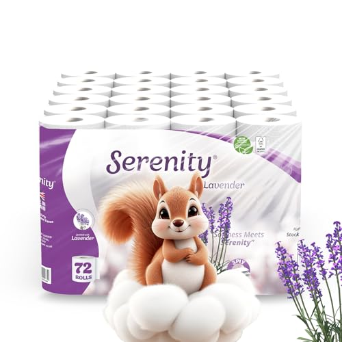 Serenity Soft Lavender Scented Toilet Tissue 3‑Ply – Luxuriously Soft, Gentle & Strong Toilet Rolls, Hypoallergenic, Mega Value Pack of 72, Dermatologically Tested & Produced in The UK