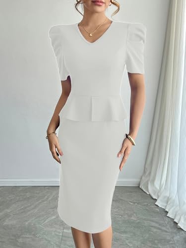 Image of Mokayee Womens Summer Puff Sleeve V Neck Peplum Church Business Work Pencil Dresses
