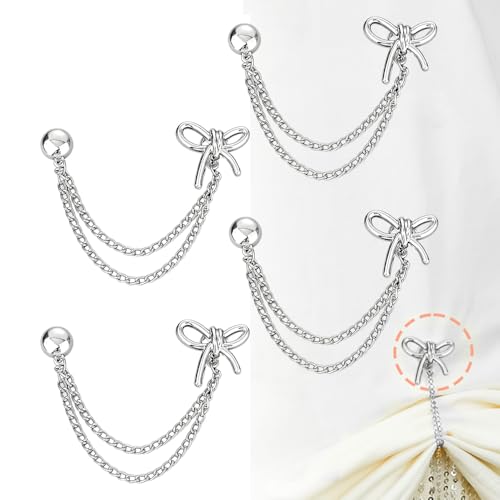 Image of Ouliget Multi-Function Magnetic Clothing Clips,Pinless Brooch Chain Magnetic Buttons Shawl Clips for Hijab, Loose T-Shirt Hems, Sleeves, Collar and Pants Hems,4 Pieces (Silver Bow)