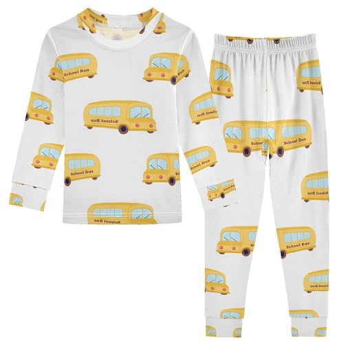 Cartoon School Bus White Pajama Sets Long Sleeve Top with Pants Cotton Soft Sleepwear 2 Piece Pjs Set, 8 Years Old