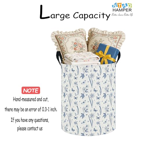 Image of 62L Blue Floral Butterfly Waterproof Laundry Hamper with Durable Leather Handle,Kids Collapsible Storage Basket for Nursery,Playroom, Bedroom(Indigo Flowers）