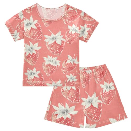 ALAZA Watercolor Strawberry Lovely Pajamas Set Short Sleeve Cotton Sleepwear Summer Pjs 2 Piece 5-14Y