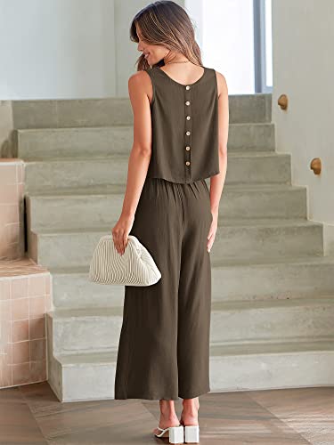 Image of ANRABESS Women's Summer 2 Piece Outfits Sleeveless Tank Crop Button Back Top Cropped Wide Leg Pants Set Pockets