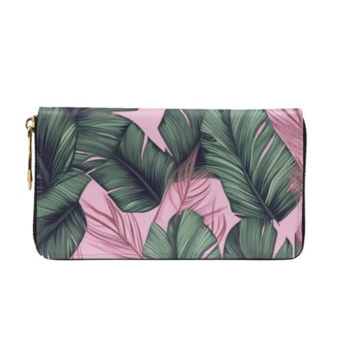 Green Palm Tree Leaves Pink Long Leather Wallet,Large Capacity Soft Pu Leather Purse For Women With Multiple Card Slots Phone Pocket And Zipper Coin Purse Stylish Phone Card Holder Clutch2