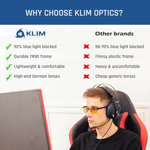 Image of KLIM Optics Blue Light Blocking Glasses - NEW - Reduce Eye Strain and Fatigue - Gaming Glasses for PC Mobile TV - Blocks 92% Blue Light - Computer Glasses with UV Protection