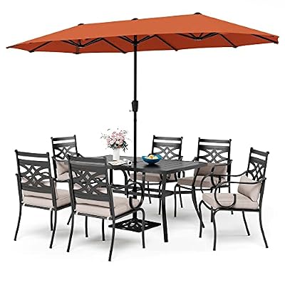 Sophia & William Patio Dining Set for 6, 13ft Patio Umbrella Red, Removable Seat Cushions, Black 59" Patio Dining Table