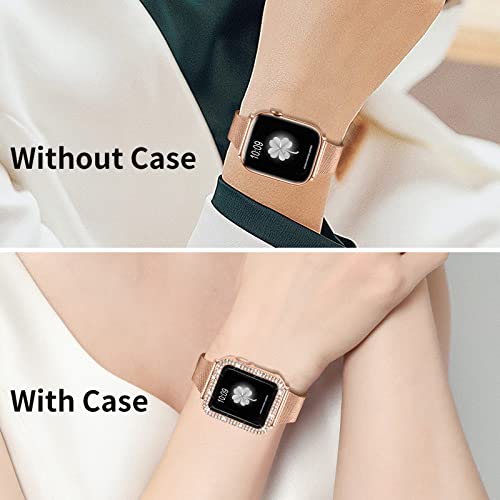 Joyozy Slim Stainless Steel Band Compatible with Apple Watch 38mm 40mm 41mm 42mm 44mm 45mm 46mm Milanese Strap with Bling Glitter Case and Screen Protector, Dressy Bracelet Band for Women (Rose gold 45mm)