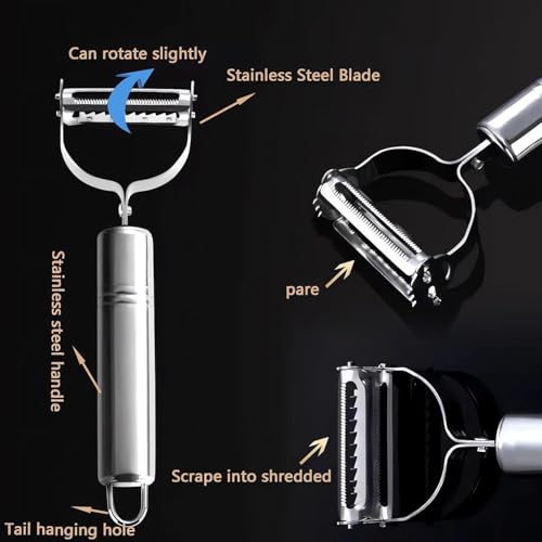 Image of 2 in 1 Peeler Julienne for Salad, Potato Peeler, Vegetable Slicer, Multi-Functional, Fruit Slicer, Adjustable Veggie Shredder, Kitchen Noodle Cutter, Stainless Steel (Medium)