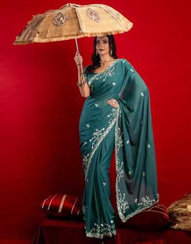 Image of SIRIL Women's Georgette Embroidery Saree With Unstitched Blouse
