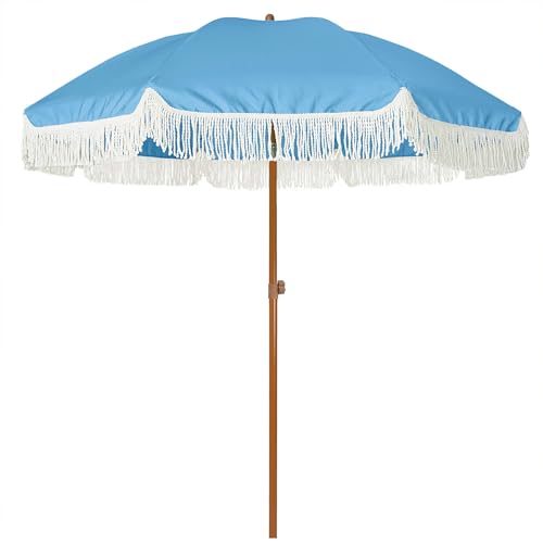 Image of AMMSUN 7ft Patio Umbrella with Fringe Outdoor Tassel Umbrella UPF50+ Premium Steel Pole and Ribs Push Button Tilt, Sky Blue