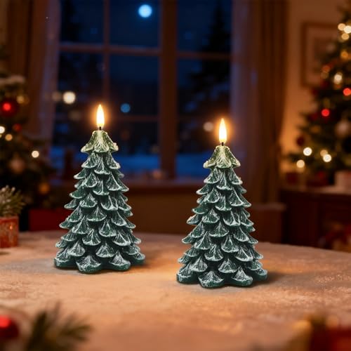 Image of Wondise Christmas Tree Flameless Candles with 6H Timer, 2 Pcs Real Wax Battery Operated LED Candles Flickering, 3D Wick Green Electric Candles for Christmas Holiday Decorations