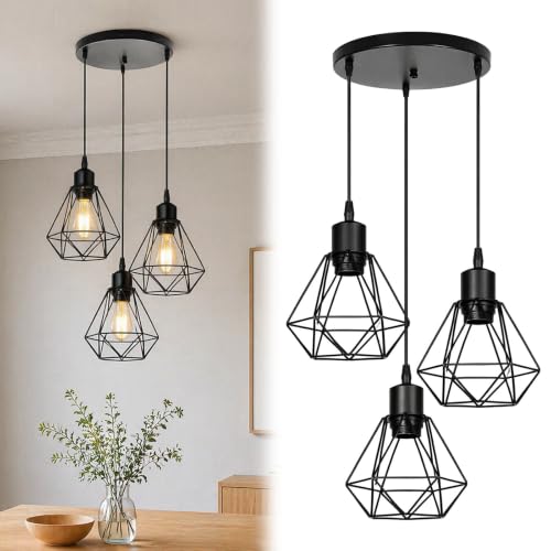 ADEMOKE Suspension Luminaire Industrielle - Vintage E27 Luminaire, 3 Lampes Lustre Suspension Industrielle, Forme Diamant Lampe pour Restaurant Salon(Sans Ampoule)
