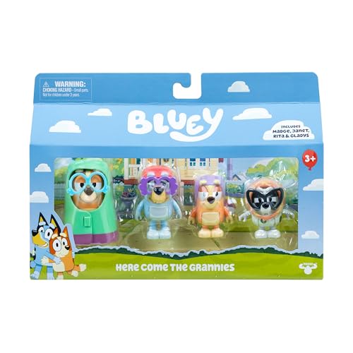 Bluey Figure 4-Pack Here Come The Grannies. 4 Episode-Themed Figures with Moving Arms & Accessories, 2.5-3" (6-7.6 cm) Poseable Toys for Kids. Recreate Moments from The Episode Grannies.