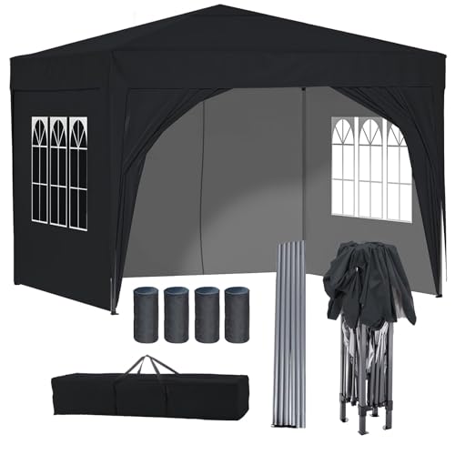 BIRCHTREE Pop Up Gazebo with Sides, 3m x 3m Waterproof with 2 Free Weather Support Beams 4 Gazebo Weight Bags. Garden Canopy Outdoor, Party Tent, 260g Polyester Powder Coated Steel Frame. BLACK