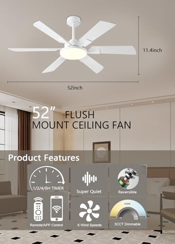 Image of JSAITEE 52 Inch Low Profile Ceiling Fan with Lights, Remote & APP Control, 3CCT Dimmable, 6 Blades 6 Speed Ceiling Fans, Quiet Reversible DC Motor, Modern White Ceiling Fan for Bedroom Living Room