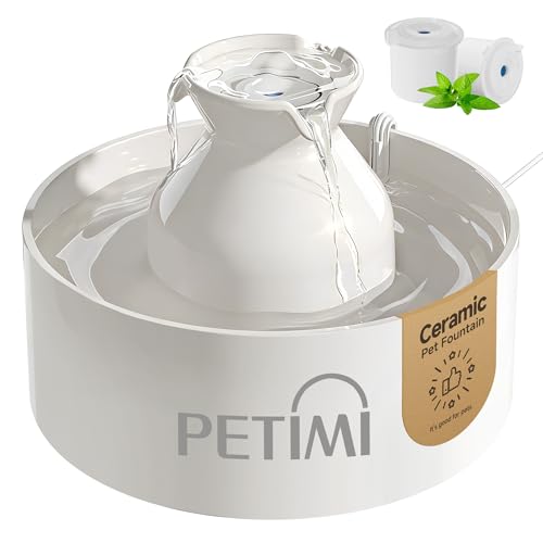 PETIMI Ceramic Cat Water Fountain 3L/101 fl oz Ultra-Quiet Pet Water Fountain Automatic Water Dispenser for Cats & Small Dogs No Spill Cat Water Bowl BPA-Free 2 Filters Included Easy to Clean