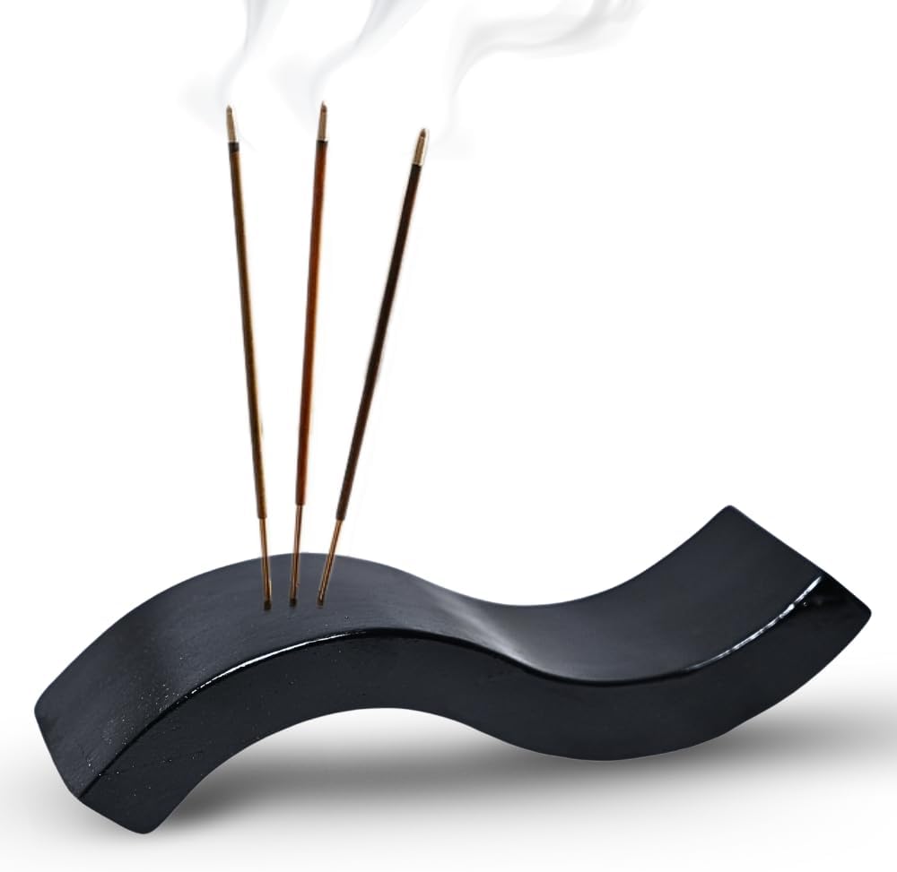 Handcrafted Mango Wood Incense Holder, 8-Inch Curved Stick Stand in Dark Gloss Finish, Modern Mandir, Meditation, Yoga & Spa Décor Tray, Elegant Wooden Aromatherapy Accessory