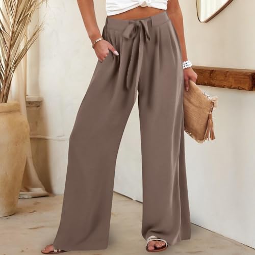 Pantalones pierna ancha Mujeres Largos sueltos con vendaje Cintura sólida bolsillo Pantalones Casuales elástica2