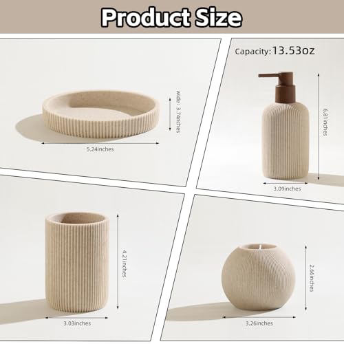 WUUAHOME Bathroom Accessories Set, 5 PCS Sandstone Look Stripe Modern Bath Organizer with Soap Dispenser, Toothbrush Holder, Tumbler, Soap Dish, Candle Holder for Countertop Kitchen Sink (Beige)
