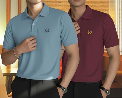 Image of MACK JONNEY Men's Solid Polo T-Shirt | Premium Cotton Blend | Regular Fit | Short Sleeve | Collared Casual Wear|Pack of 2 -MJ-157