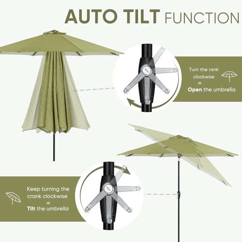 Image of Tempera 9ft Patio Market Outdoor Table Umbrella with Auto Tilt and Crank, Large Sun Umbrella with Sturdy Pole & Fade Resistant Canopy, Easy to Set, Grass