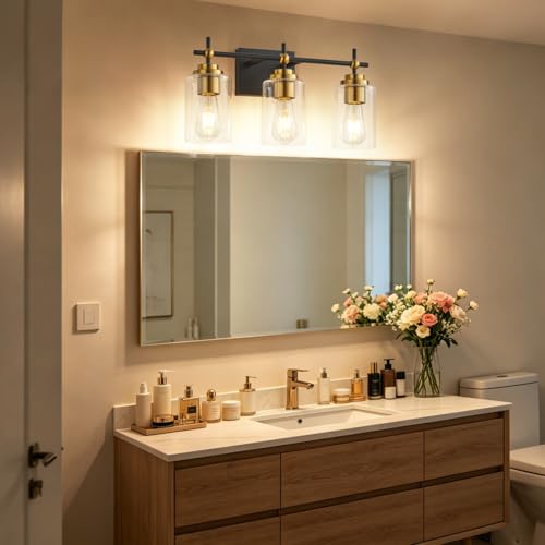 Image of SOLFART Bathroom Lighting Fixtures Over Mirror: 3-Light Black and Gold Vanity Lights Clear Glass Shades(Bulbs Not Included)