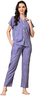 Ichaa Women's Purple Cotton Printed Shirt Style Night Suit Set with Pocket