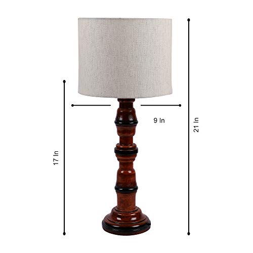 Image of tu casa Off White Cotton Flex Shade with Brown Mango Wood Base Table Lamp | Elegant Bedside & Desk Lamp for Bedroom, Living Room, Office, Home Decor & Gifting (Height : 21 Inch /No Blub Included)