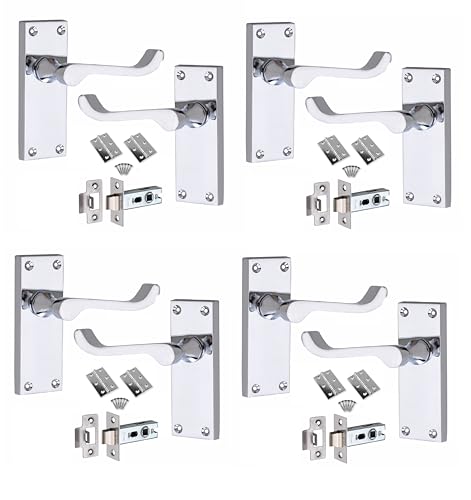 Golden Grace Victorian Scroll Door Handles Latch in Polished Chrome Finish with Hinges & Latches Pack, 4 Sets - 120mm x 40mm Backplate