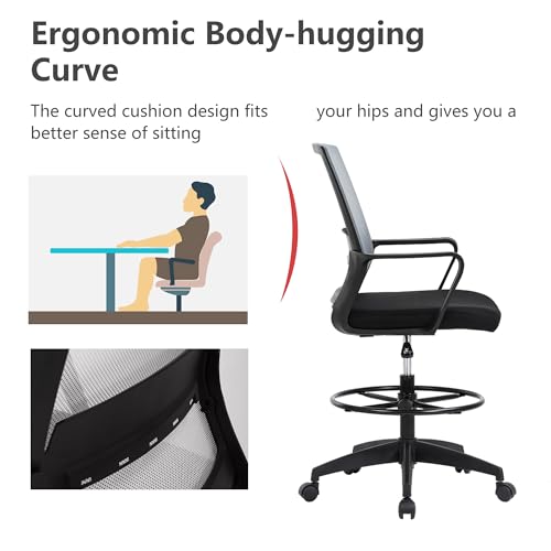 Image of BestOffice Drafting Chair Tall Office Chair Adjustable Swivel Rolling Mesh Height with Lumbar Support Arms Footrest Mid Back for Adults Standing Desk Drafting Stool (Ashy)