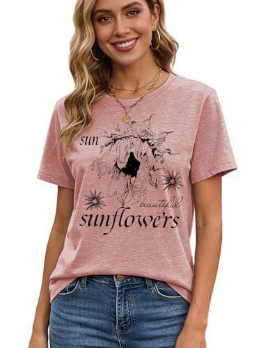 Hantaostyle Women's Sunflower Print T-Shirt Casual Short Sleeve Graphic Tee Summer Loose Fit Comfy Top/Blouse XXL Pink