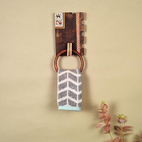 Image of Aakriti Art Creations Warli Art Mango Wood Towel Holder | Warli Melody | Handcrafted Wooden | Matte Finish Brown Wall Mounted Towel Holder for Bath & Wash Area