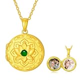 SOULMEET Personalized 9K/14K/18K Gold Round Lotus Emerald Locket Necklace That Holds Pictures Natural Gemstone Locket Pendant Necklace (Custom Photo)