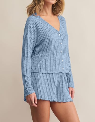 Dressmine Womens Long Sleeve Pajama Sets Button Up Pajamas Sleeping Shorts 2 Piece Lounge Set Knit Sexy Sleepwear