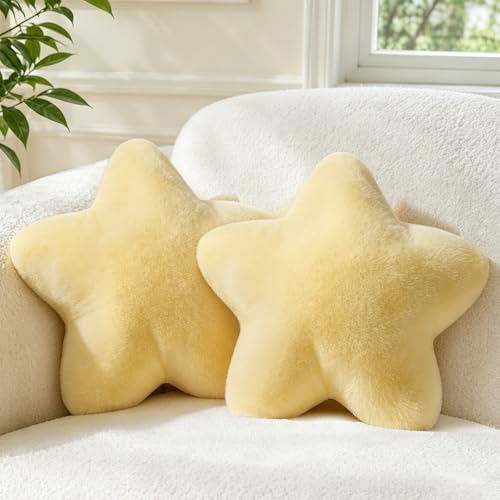 FSRONGXI 2PCS Star Pillow Set 15.35 Cute Yellow Decorative Star Shaped Throw Pillows for Bed Couch Aesthetic Soft Faux Plush Pillow Cushion for Room Bedroom Sofa Chair Floor Decor(Yellow)