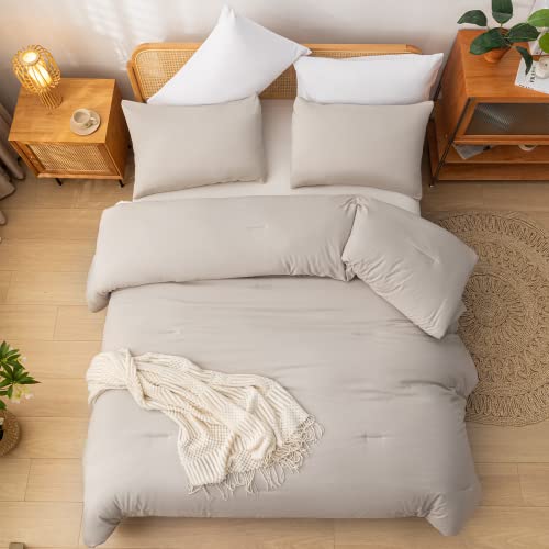 Weigelia Queen Comforter Solid Color 3Pcs Boho Bed Comforter Set Queen Size Tannish Linen Grey Soft Lightweight Down Alternative Microfiber Comforter For All Season (1 Comforter, 2 Pillowcases) #TOP2