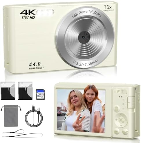 SMARTKLIK FHD 4K 44MP Digital Camera with 64GB SD Card, 16X Digital Zoom, Compact, Kids, Teens, Boys, Girls, Milk Color