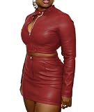 Sexyshine Women's 2 Piece Faux Leather Outfits Long Sleeve Zipper Up Buckle Crop Top Jacket Bodycon PU Skirt Set Clubwear(31268RE,L) Red
