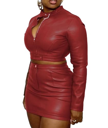 Sexyshine Women's 2 Piece Faux Leather Outfits Long Sleeve Zipper