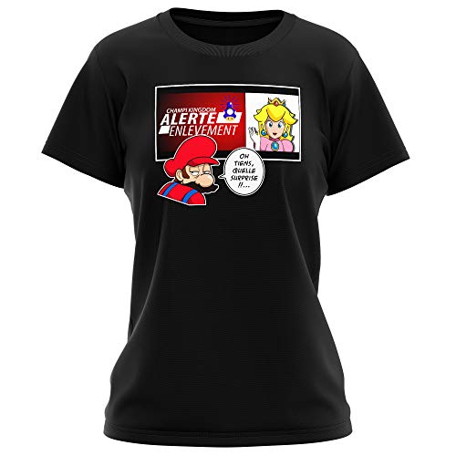 Okiwoki T-Shirt Femme Noir Super Mario parodique Mario et la Princesse Peach : Alerte enlèvement. (Parodie Super Mario)