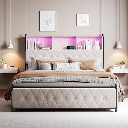 DULRLLY Bett 180x200 mit Stauraum, Polsterbett Doppelbett mit USB Ladefunktion, Stauraum Kopfteil und 4 Schubladen Stauraumbetten Jugendbett Bettgestell mit Lattenrost, Ohne Matratz,Samt