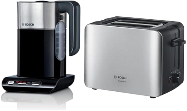 Bosch TWK8633GB Styline Collection Cordless Kettle, 1.5 Litre - Black & Stainless Steel & TAT6A913GB Comfort Line Toaster, Two Slice - Stainless Steel
