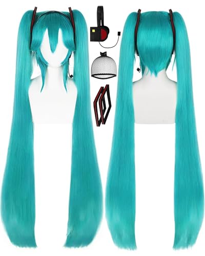 TIKJOYS Long Green Wig with Double Ponytail Wigs Long Cyan Wig With Bangs